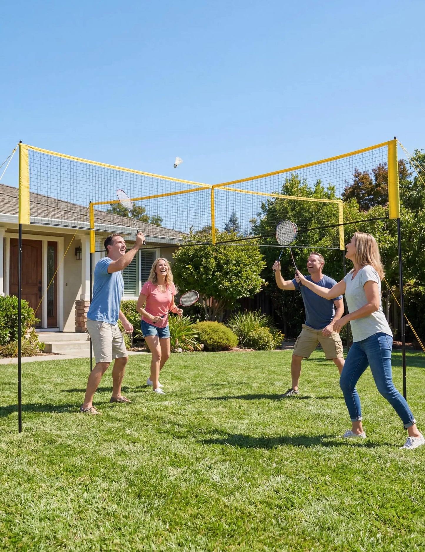 4 Square Volleyball Game Set, 3 Heights Adjustable (5'/6'4”/7'11”), 14 FT 4-Way Volleyball Net with Portable Carrying Bag