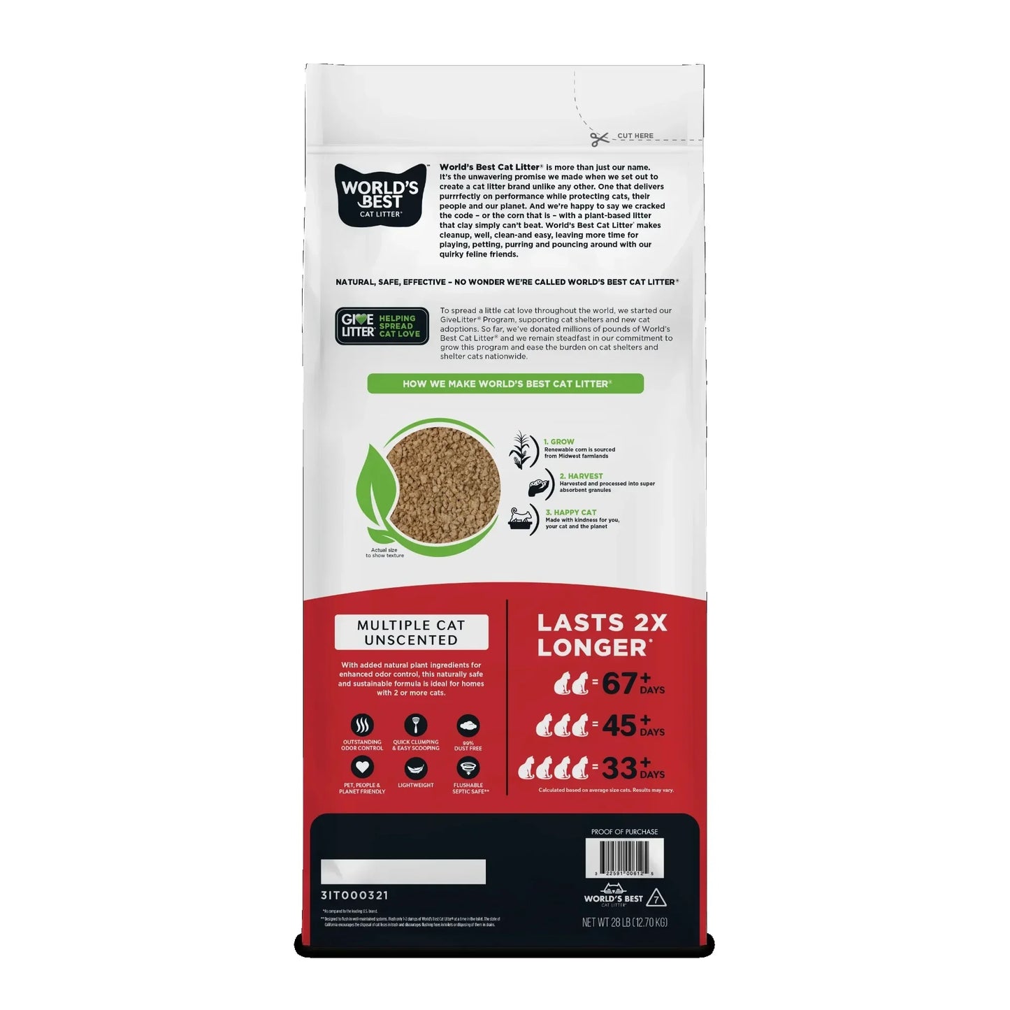 Multiple Cat Unscented - Natural Ingredients,Quick Clumping, Flushable, 99% Dust Free- Long-Lasting Odor Control & Easy Scooping