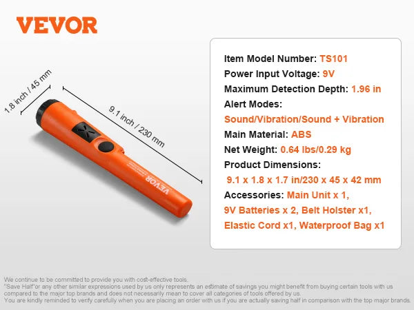 VEVOR Metal Detector Pinpointer IP66 IP68 Waterproof Handheld Wand