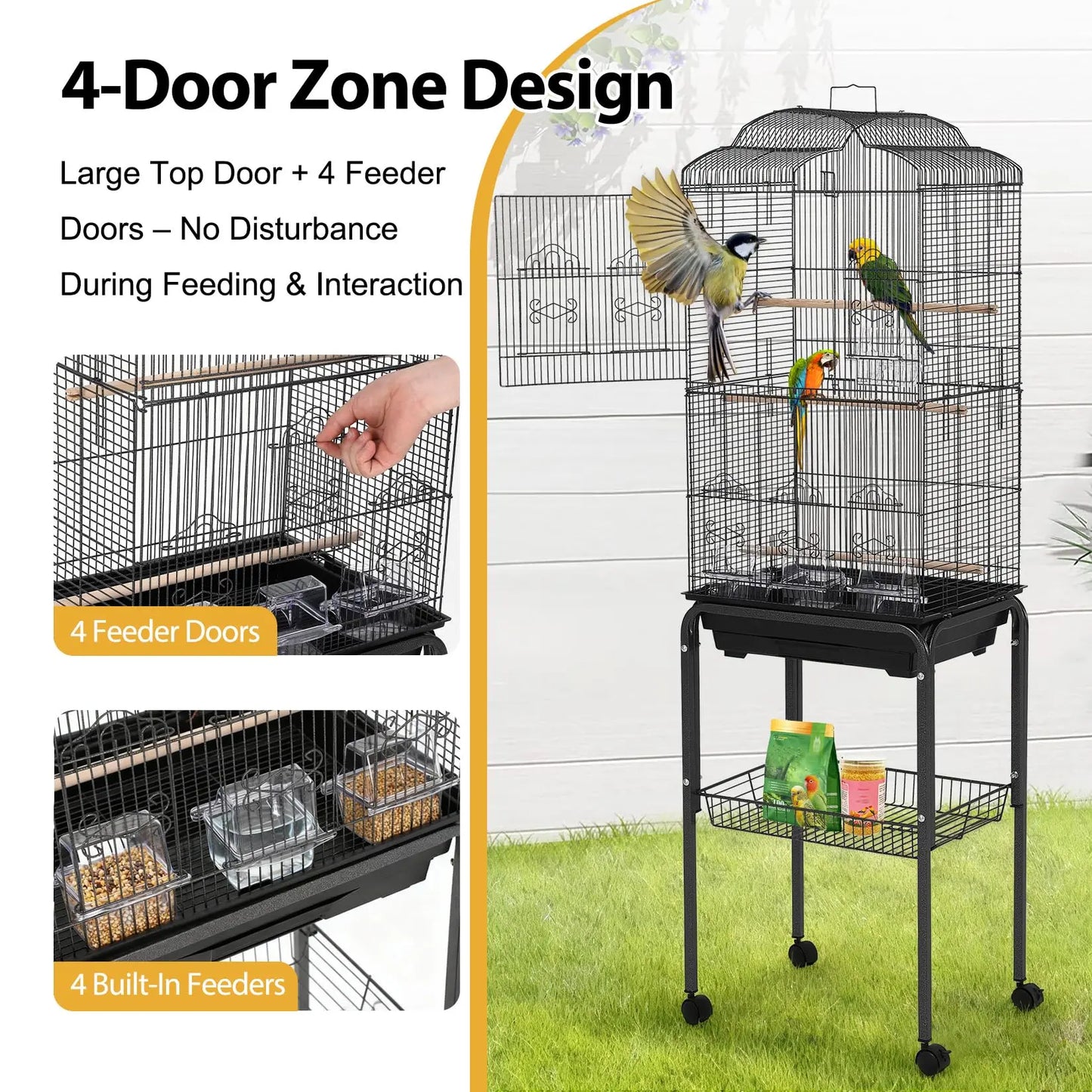 60" Rolling Parrot Cage With Play Top Storage Shelf Metal Aviary Slide Out Tray Non Toxic Locking Doors For Indoor Outdoor Use