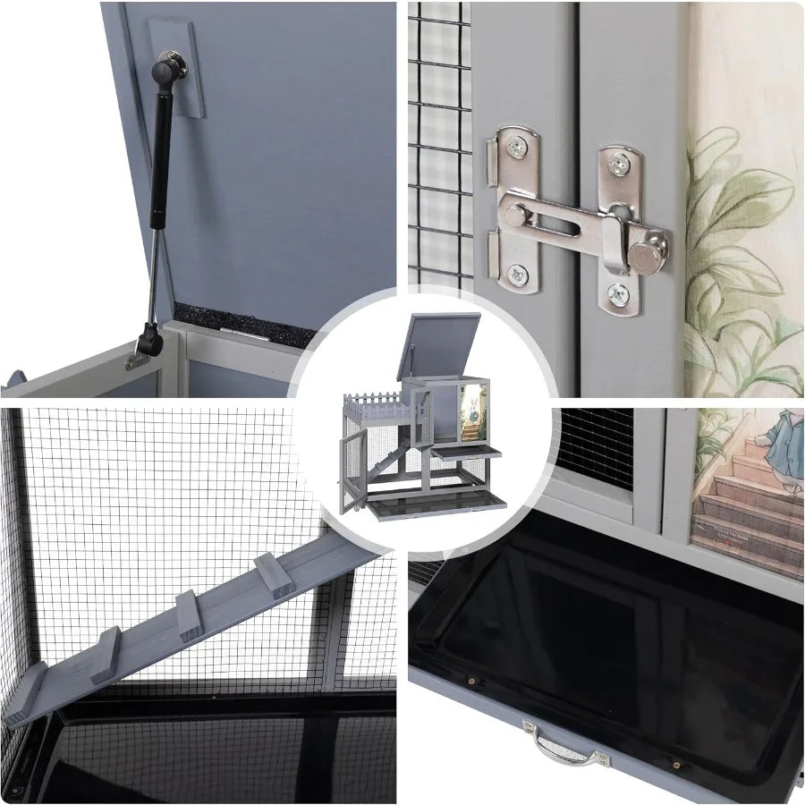 Wood Rabbit Hutch With Balcony Ramp For Indoor Outdoor Use