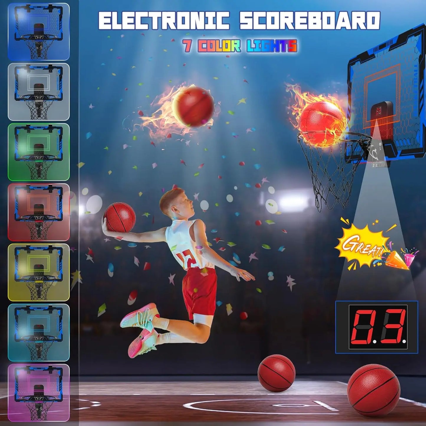 Remote Control LED Basketball Hoop with Scoreboard, Balls, Pump & Bag - Indoor Sport Toy for Kids