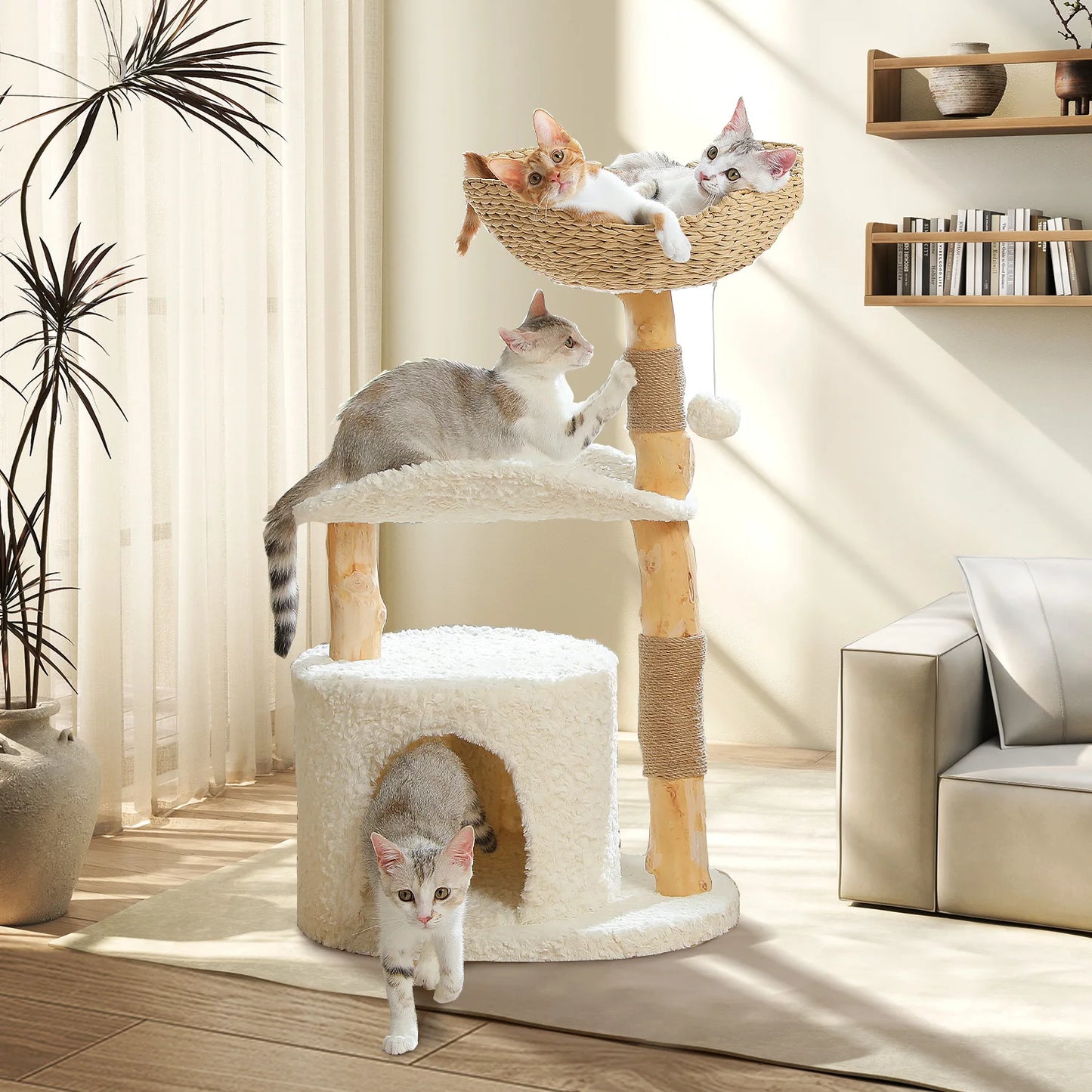 Solid Wood Cat Tree Modern Cat Tower with Spacious Cat Condo,Flower Perches,Fun Pompom,Double Comfort Perfect for Indoor Kittes