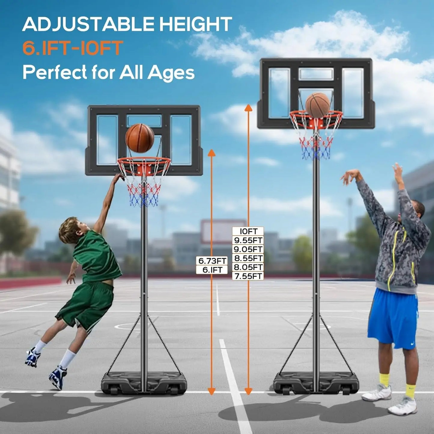 Portable Basketball Hoop Outdoor, Adjustable 44-Inch Shatterproof Backboard, Shock Absorbent Rim, Fillable Base with Wheels