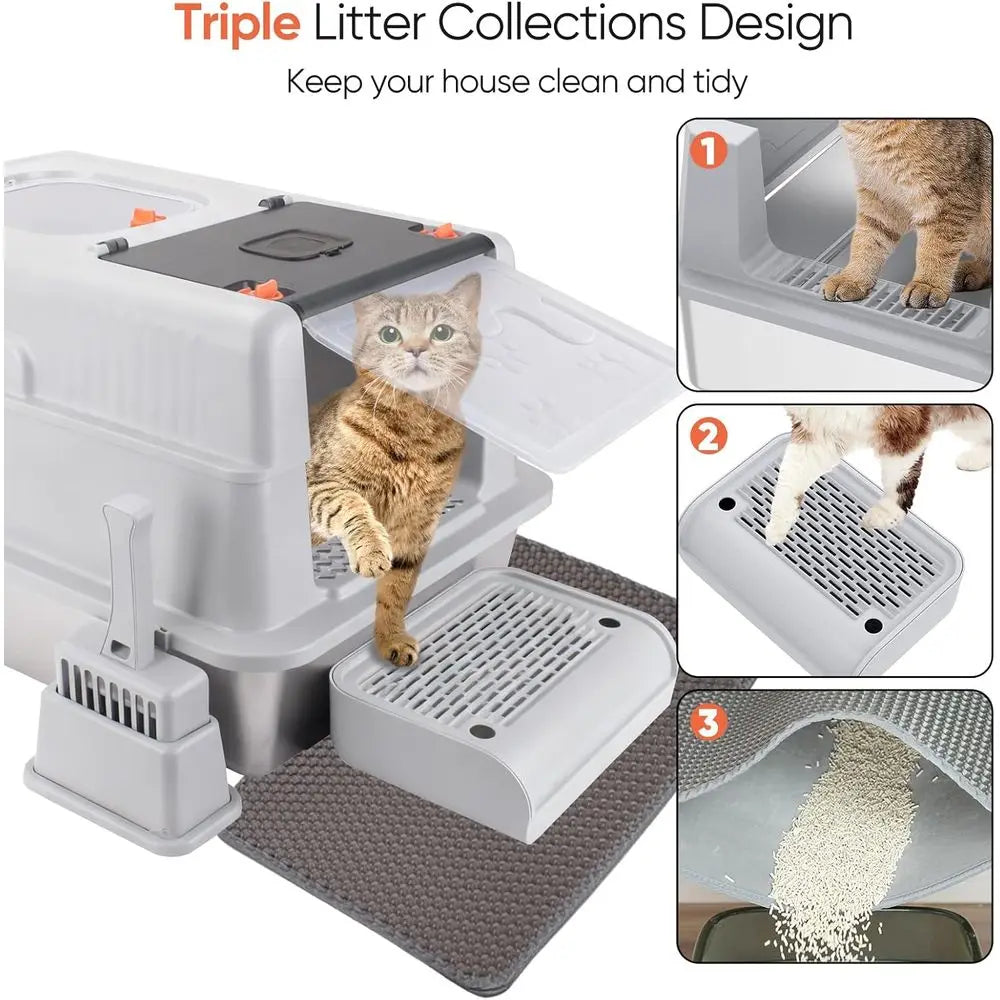 Extra Large 28 L×20 W Odor-Control Stainless Steel Cat Litter Box, 4-in-1 Cat Metal Litter Box Set, Enclosed Removable Metal Lit