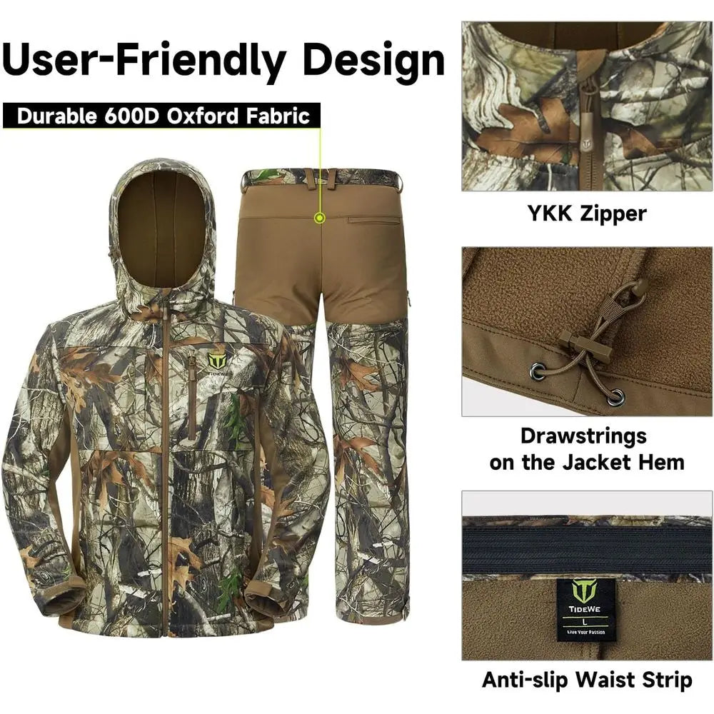 TIDEWE Hunting Clothes for Men with Fleece Lining, Safety Strap Compatible Water Resistant Silent Hunting Jacket and Pants
