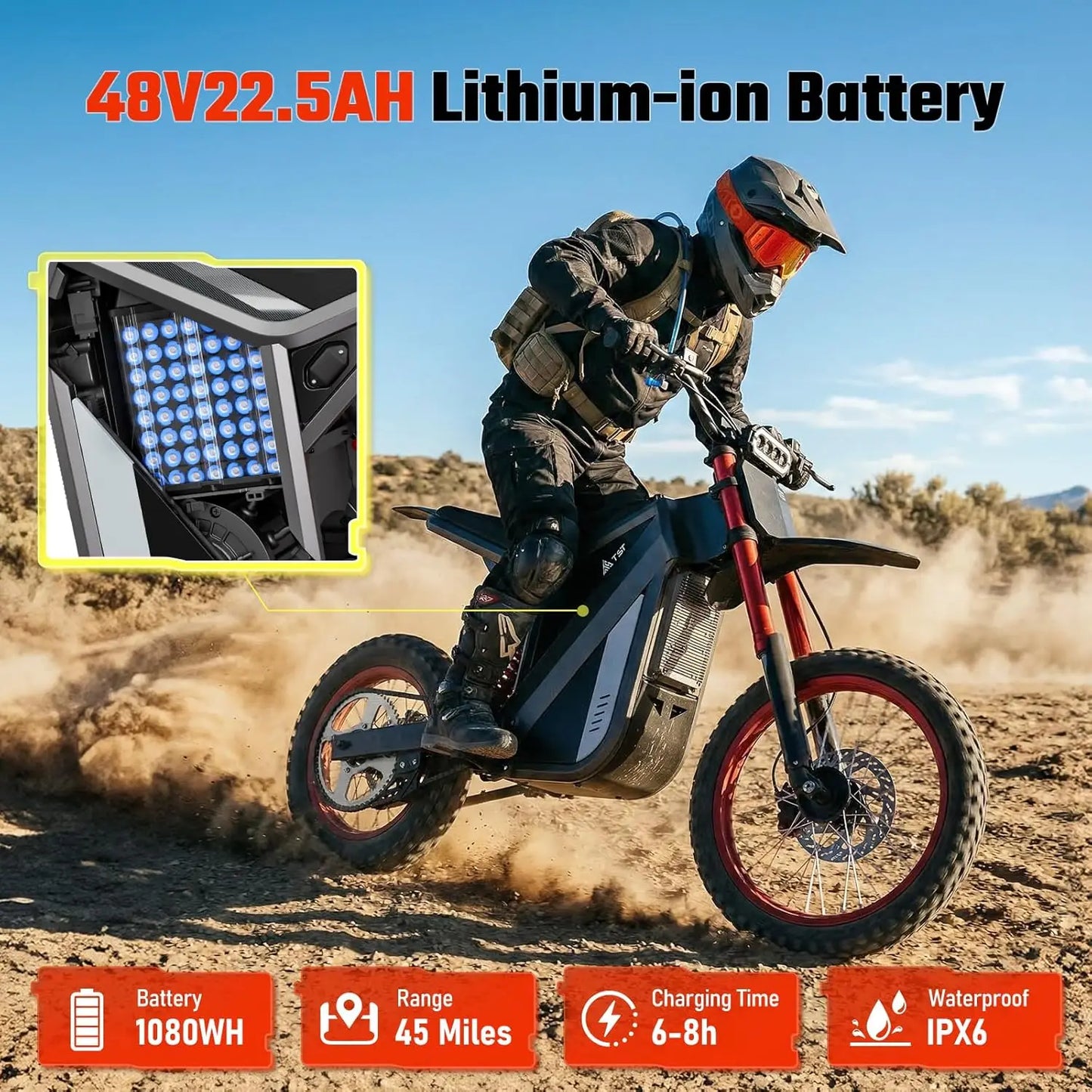 TST GT63 Electric Dirt Bike 2200W Peak Motor, 48V 22.5Ah, 37MPH Off-Road Electric Bike, Hydraulic Brakes