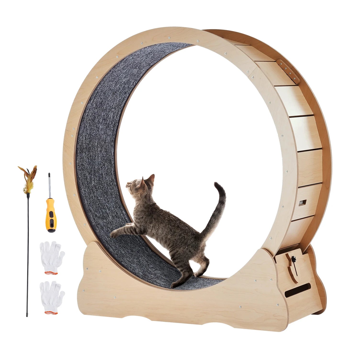 PremiumSolidWood Wooden Cat Exercise Wheel Indoor Running Solution Detachable Carpet