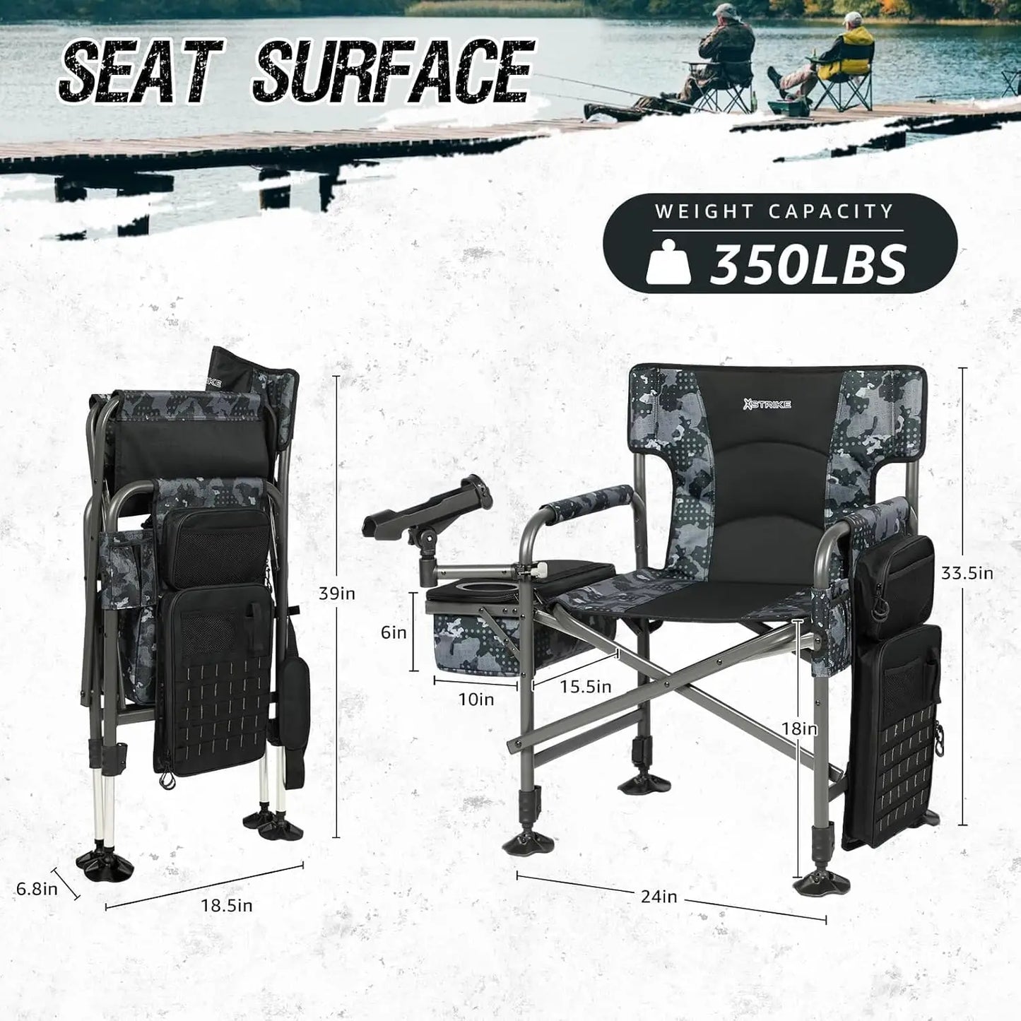 Folding Fishing Chair with Rod Holder, Adjustable Legs and Cooler Bag for Outdoor Camping, Ice Fishing, Patio