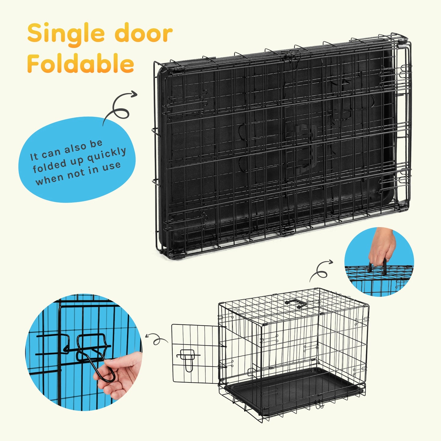 JHK Folding Metal Wire Dog Cage With Leakproof Pan Tray