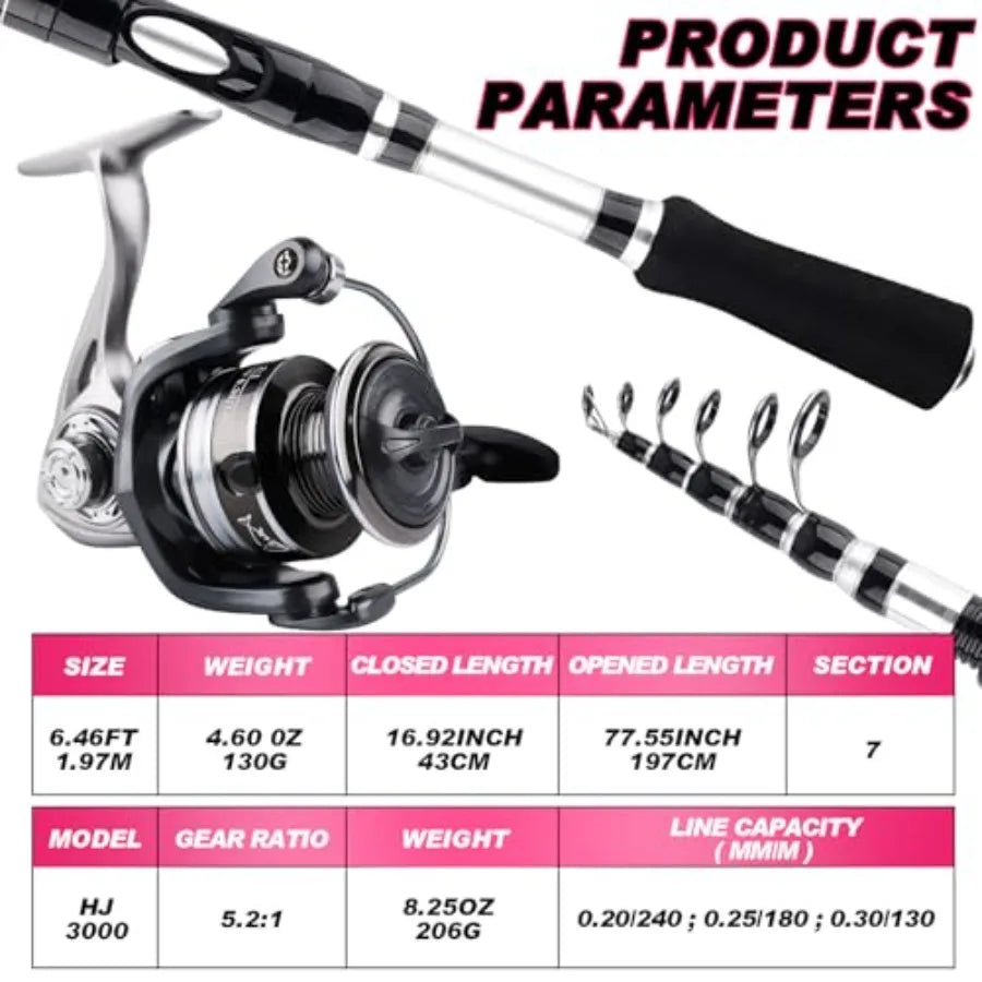 2PCS Telescopic Fishing Rods and Reels Combo Set 6.89ft Portable Fishing Pole Spinning Reel Lures Accessories with Storage Bag