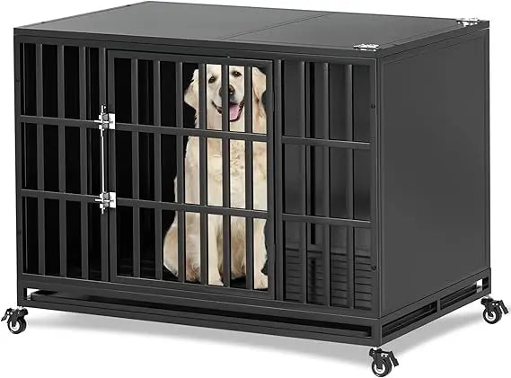 42 Inch Heavy-Duty Dog Crate - Indestructible Steel, Self-Locking Latch, and Chew-Proof Enclosed Design for Large Dogs