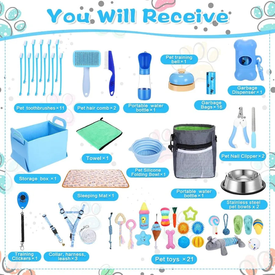 65 Piece Puppy Starter Kit With Leash Toys And Essentials