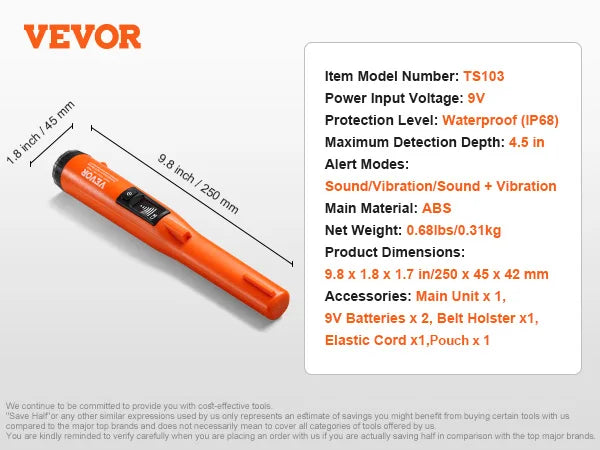 VEVOR Metal Detector Pinpointer IP66 IP68 Waterproof Handheld Wand