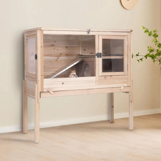 Indoor small animal cage with chewproof edges and leakproof PVC layer for guinea pigs and rabbits featuring deep clean tray and