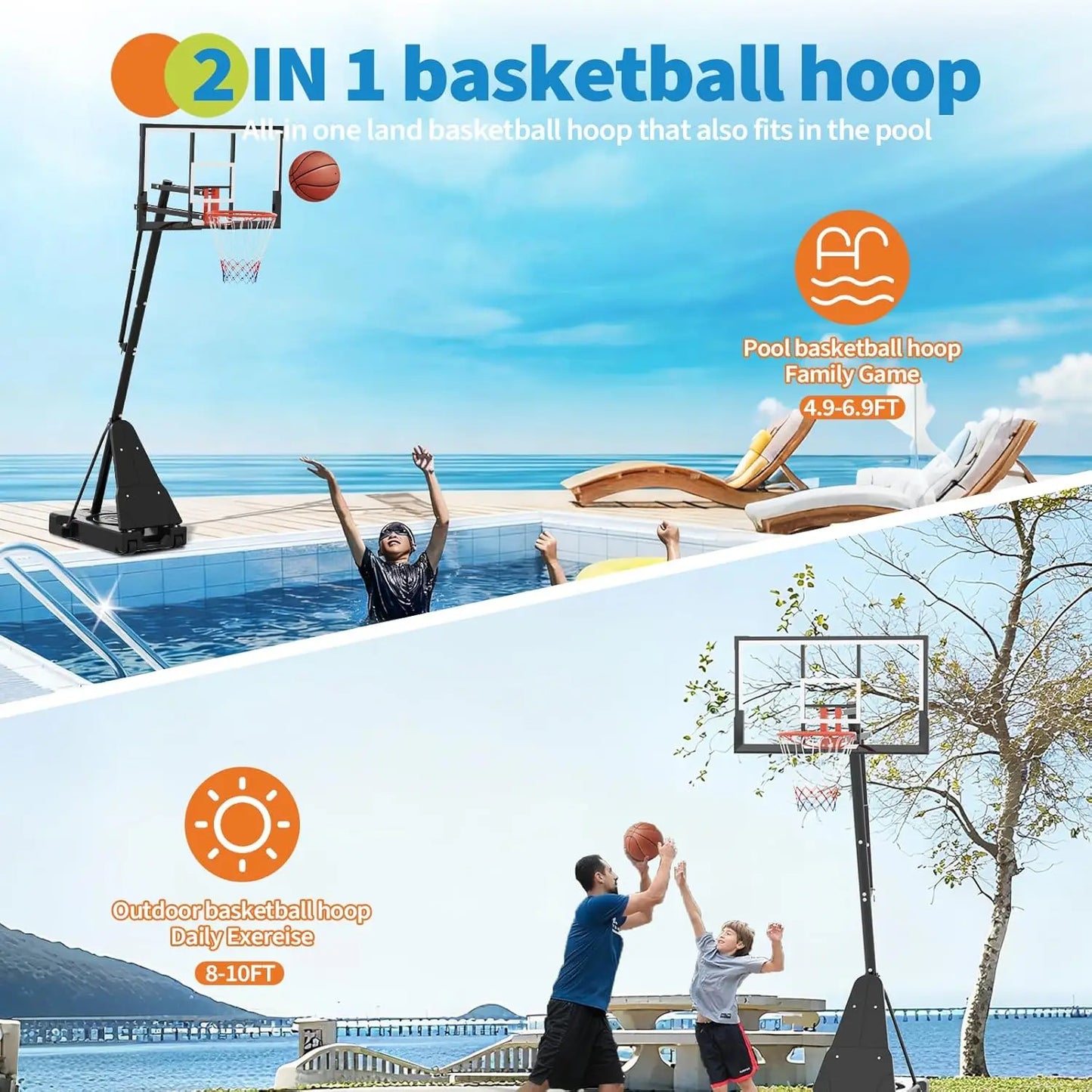 52" Shatterproof Adjustable Basketball Hoop with Wheels, for Driveway & Backyard