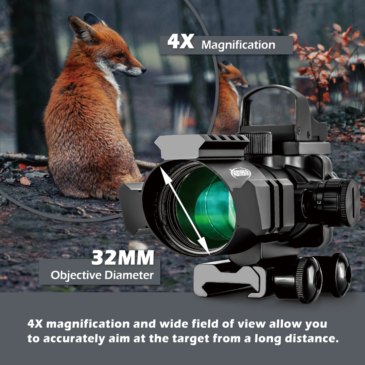 4X32 Tactical Red & Green Illuminated 20/22mm Rail Mount with Mini Red Green Dot Sight for Hunting Shooting