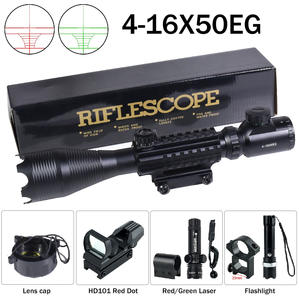 Hunting RifleScopes 4-16X50EG W/Red Dot Sight Laser Pointer Flashlight Combo Sight Adjustable Optical Scopes Fit 20mm