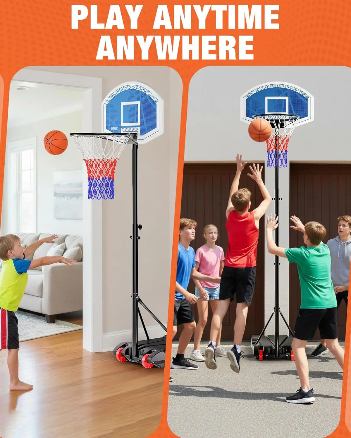 Adjustable LED Portable Basketball Hoop for Teens, 3.8-7 FT Height with Fillable Base & Wheels