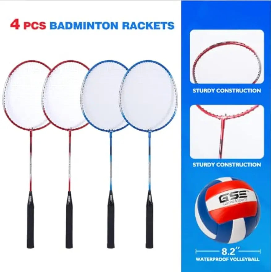 Outdoor Volleyball & Badminton Combo Set for Backyard, Park, Beach - Includes Net, Poles, Racquets
