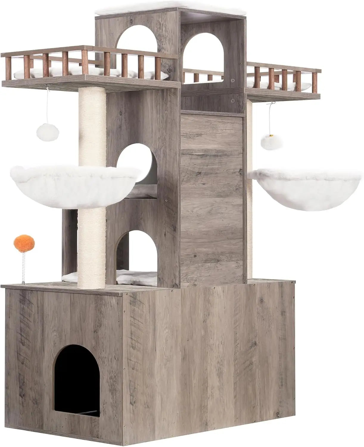 Triple-Tier Cat Tree With Litter Box Enclosure And Scratching Posts