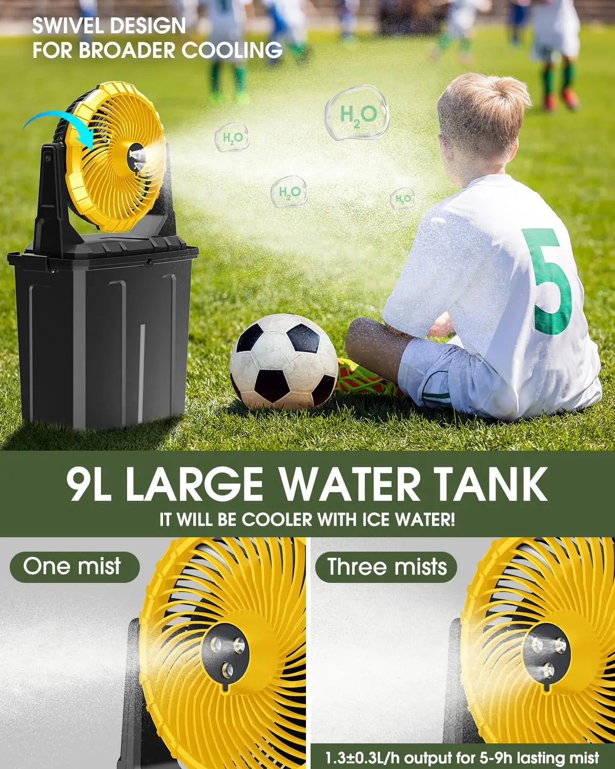 Portable Misting Fan with 9L Bucket, 10-inch Outdoor Cooling Fan for Patio Camping Beach, USB Rechargeable Battery Powered