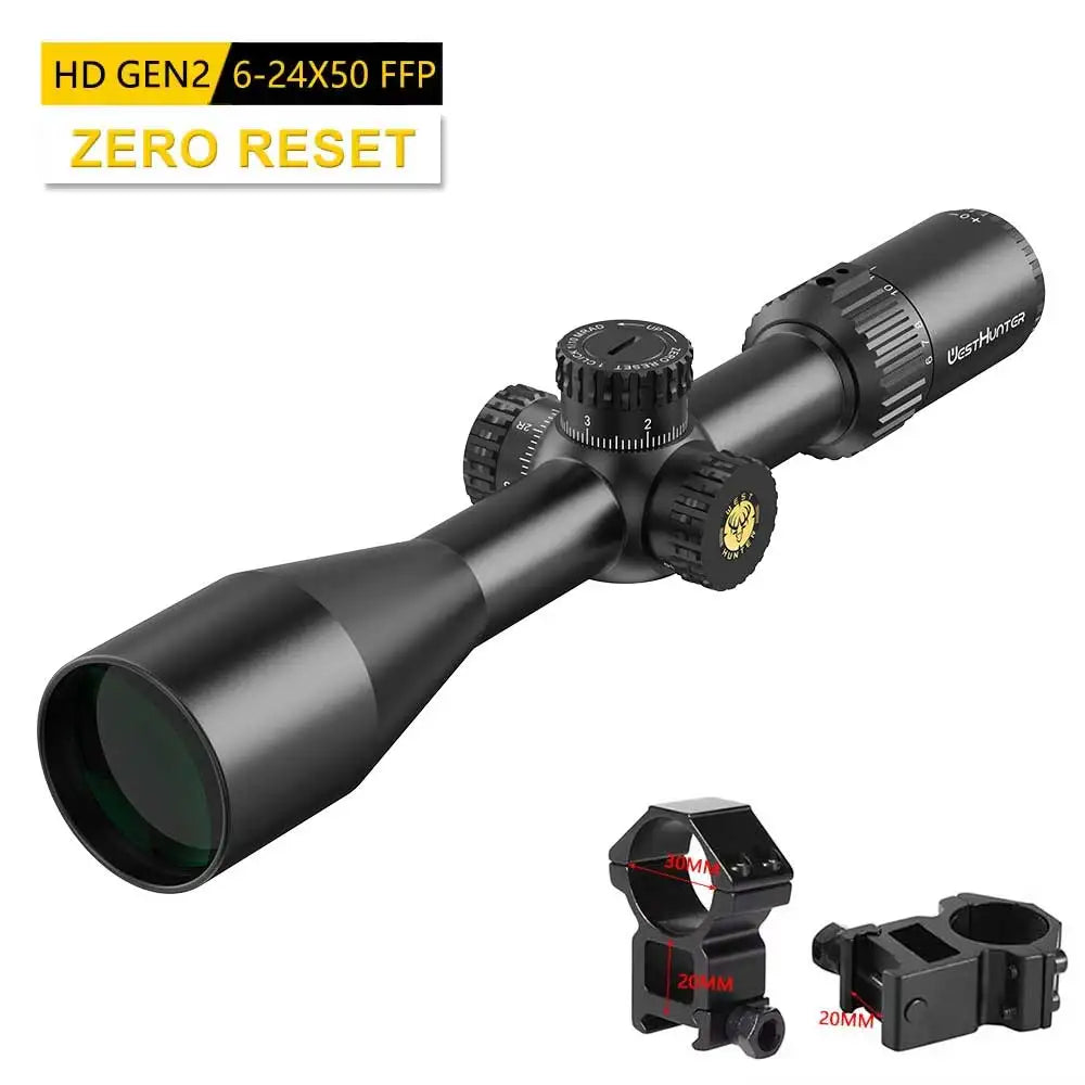 WestHunter HD GEN2 6-24X50 FFP Riflescope 1/10 MIL First Focal Plane Etched Glass Reticle Zero Reset/Zero Stop Optical Sight